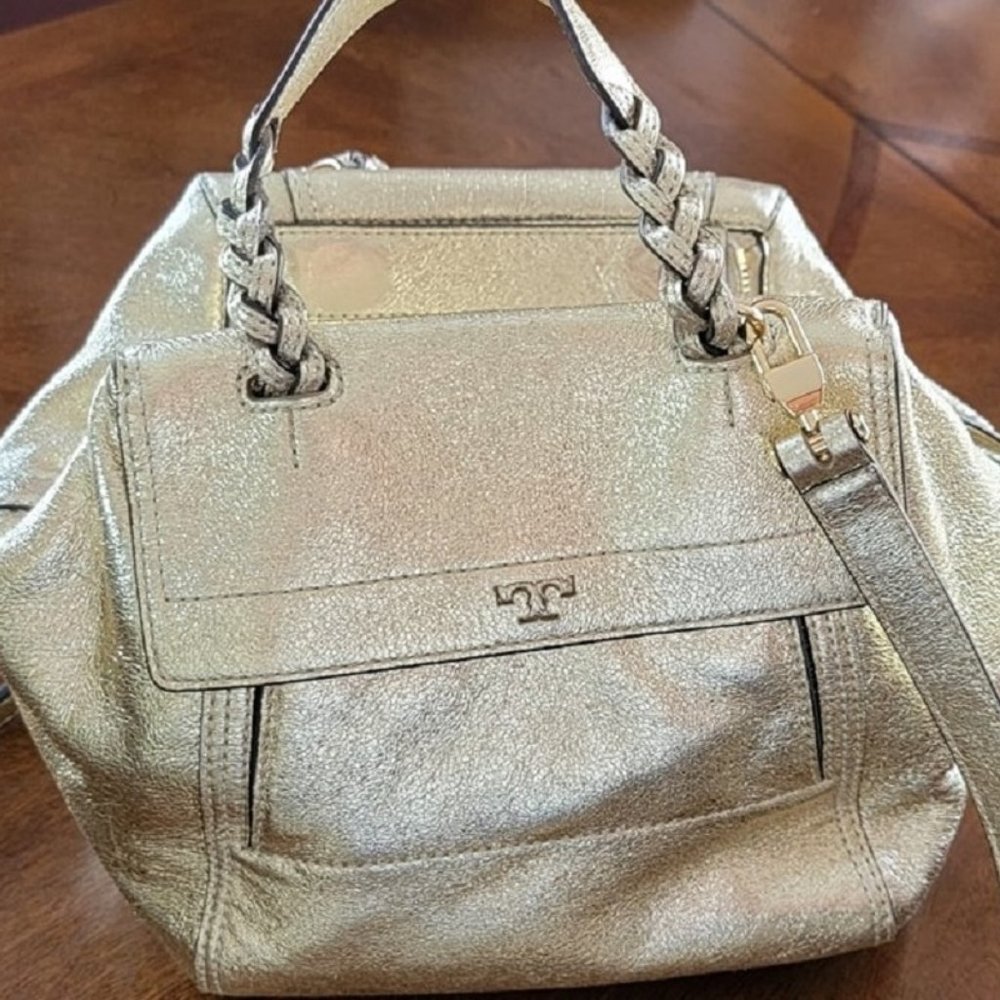 Tory Burch Half Moon Small Spark Gold Leather Satc